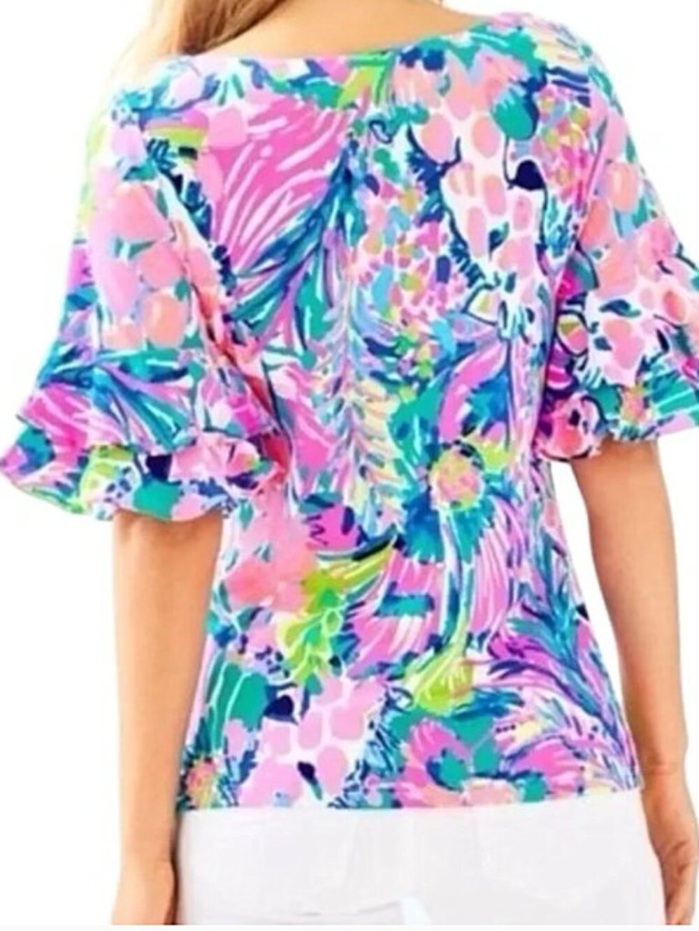 Lilly Pulitzer Lula Top Ruffle Sleeves Multi Gumbo Limbo Size L - Picture 7 of 7
